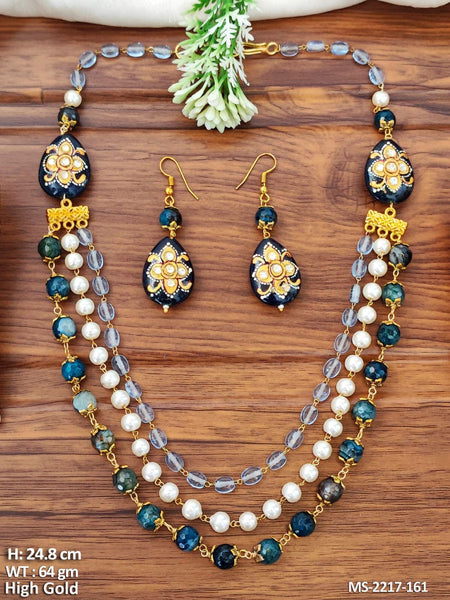 High Gold Blue Floral Beaded Necklace Set