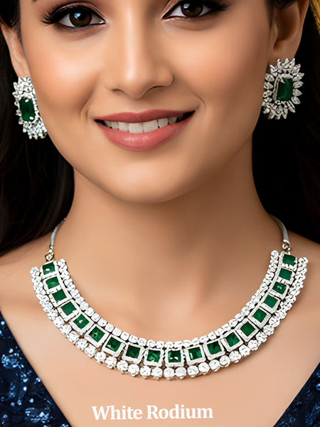 White Rhodium Green Stone Necklace Set
