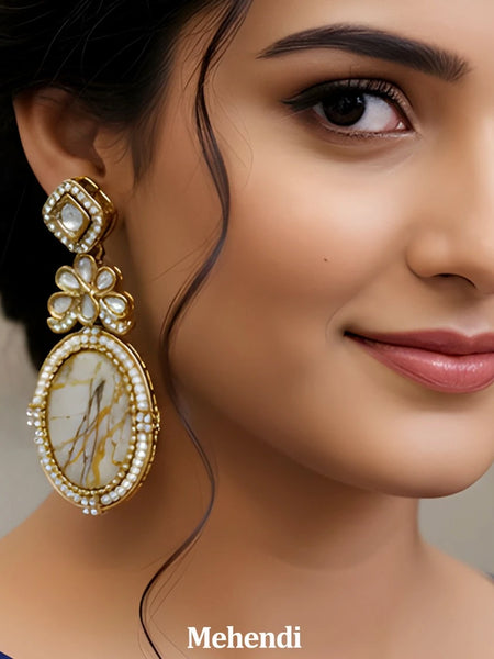 Mehendi Kundan Oval Drop Earrings for Women