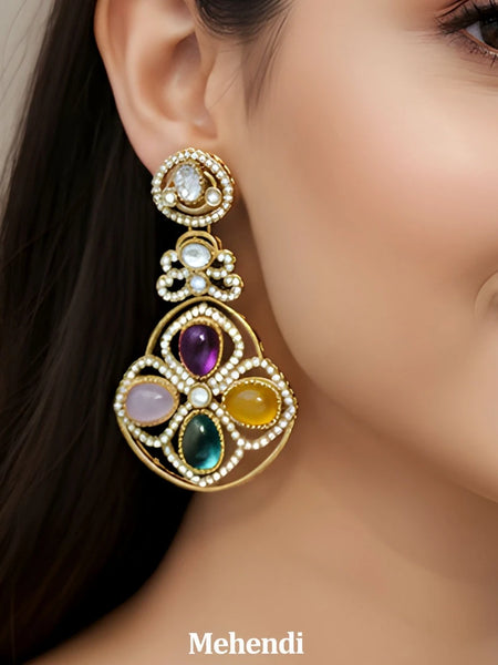 Mehendi Kundan Multi Stone Drop Earrings
