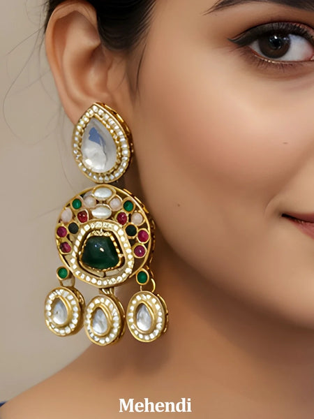 Mehendi Kundan Multi Stone Drop Earrings