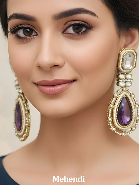 Mehendi Kundan Purple Drop Earrings for Women